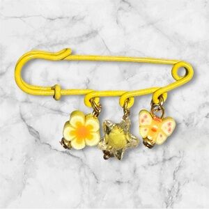Yellow Charm Safety Pin Brooch